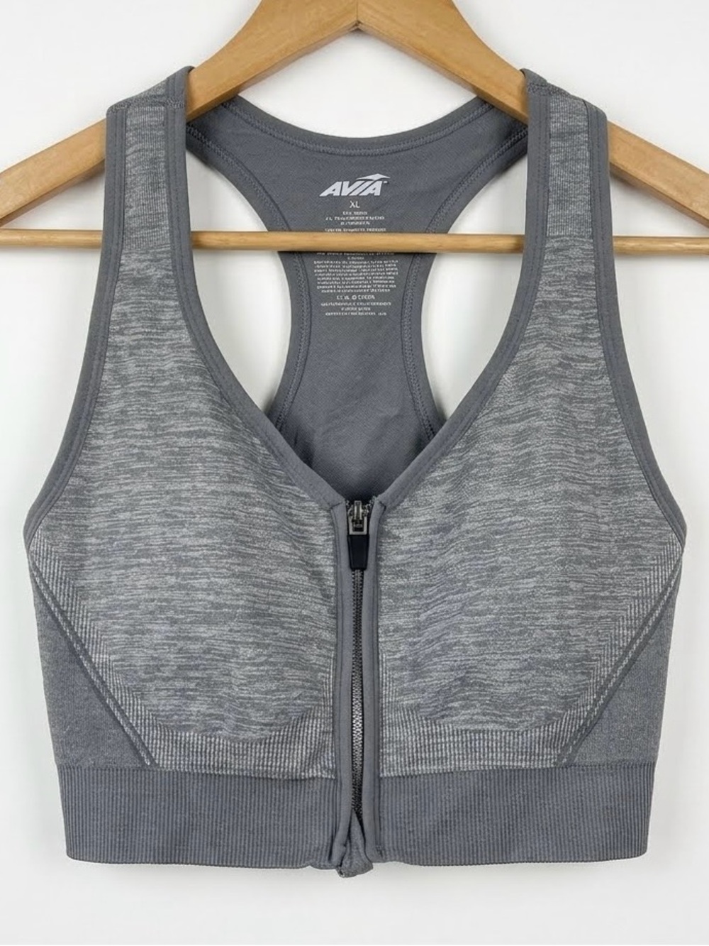 AVIA Zip‑Front Sports Bra XL – High Support, Racerback, Gray Activewear
